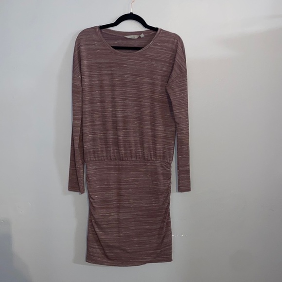 ATHLETA WOMEN'S DUSTY PLUM STRIPED LONG SLEEVE RUCHED SOFT AVENUES DRESS Sz XS - Picture 3 of 7